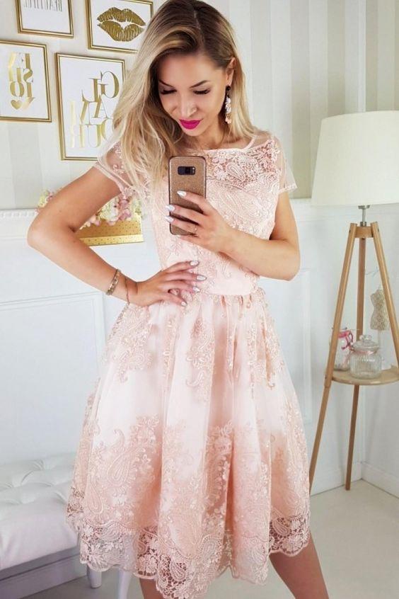 A-Line Round Neck Short Sleeves Knee-Length With Appliques Homecoming Dresses India Pink DZ5071