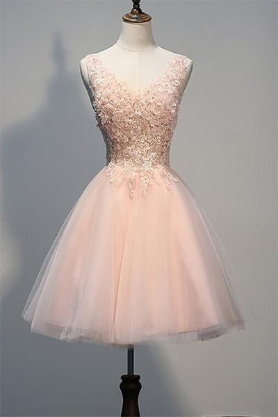 Pink Lace Rowan Homecoming Dresses Cocktail Blush Beaded Backless V-Neck Sweet 16 Dress DZ51