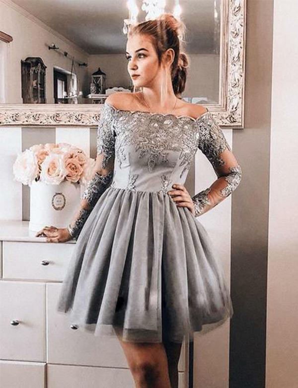 Off Carina Homecoming Dresses Cocktail The Shoulder Short Appliques Gray Party Dresses DZ518