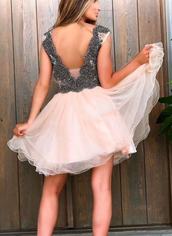 Cute V Neck Tulle Beads Short Party Dress Tulle Jaelynn Homecoming Dresses DZ5192