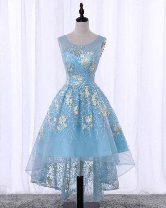 Spring Blue Scoop Neck Germaine Homecoming Dresses Lace High Low With Appliques DZ5219