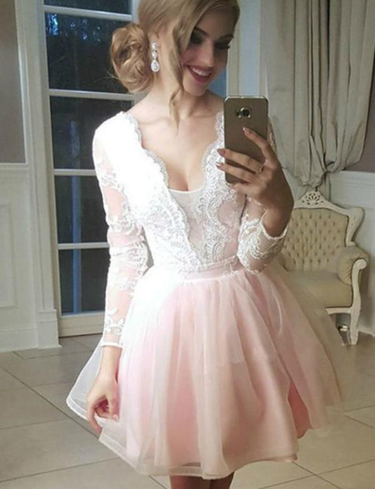 A-Line V-Neck Long Sleeves Tulle Dress With Appliques Homecoming Dresses Pink Cocktail Gabriela DZ536