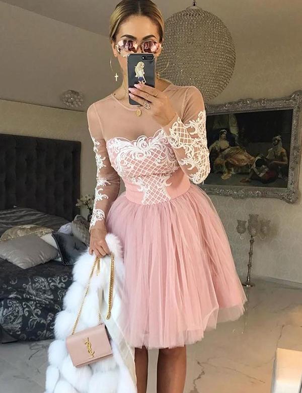 A-Line Jewel Long Sleeves Tulle Homecoming Dresses Zoey Pink Cocktail Dress With Appliques DZ559