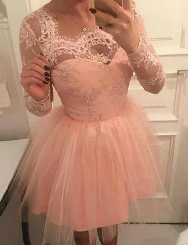 A-Line Square Long Sleeves Tulle Dress With Lace Rosalie Pink Homecoming Dresses Cocktail DZ562