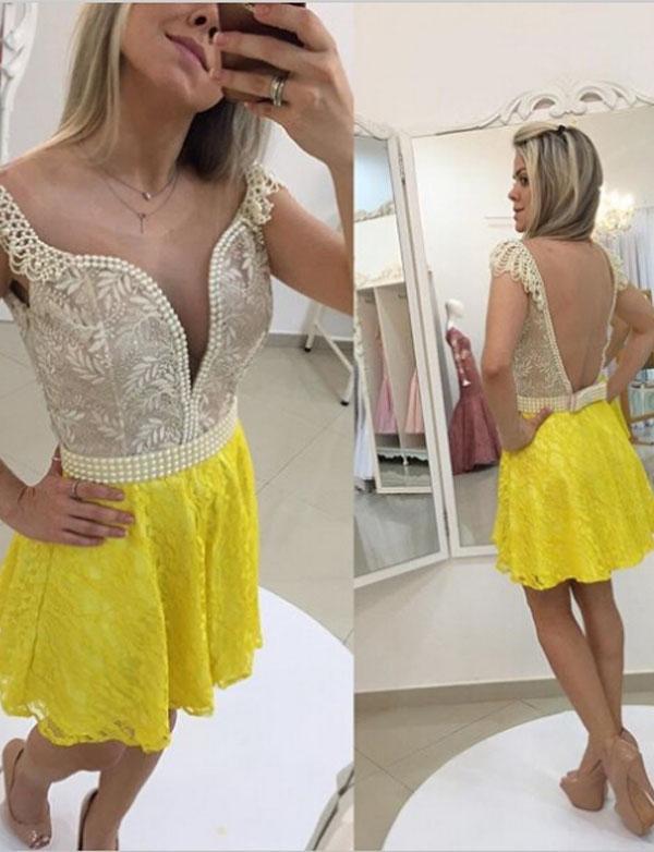 Round Neck Cap Sleeves Yellow Red Short Lace Magdalena Homecoming Dresses With Pearls DZ570