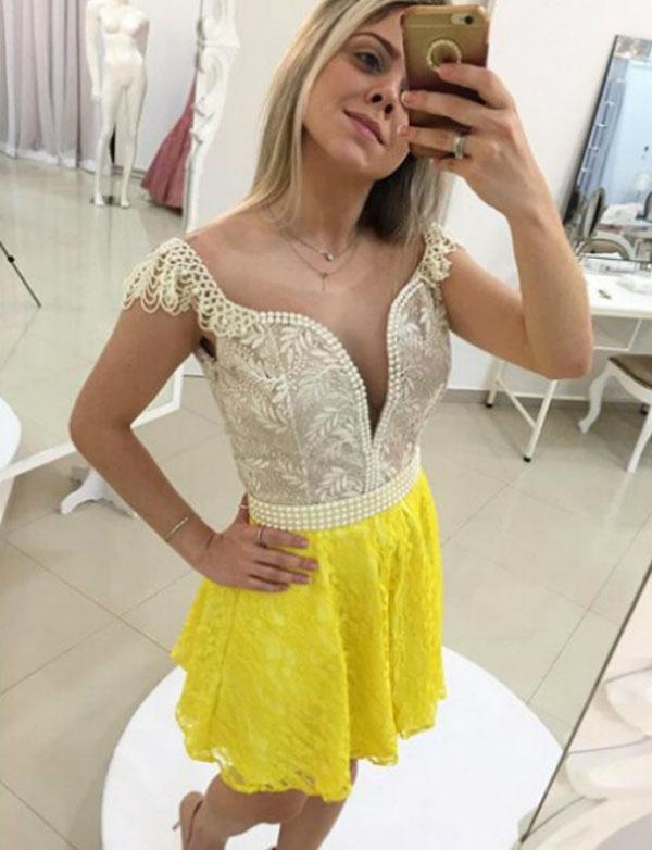 Round Neck Cap Sleeves Yellow Red Short Lace Magdalena Homecoming Dresses With Pearls DZ570