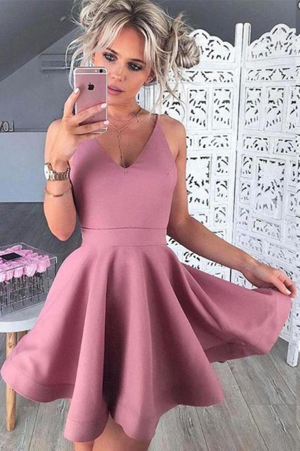 A-Line Classy Pink Satin Homecoming Dresses Anahi Sleeveless DZ58