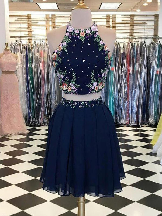 Sexy Navy Blue Lacey Homecoming Dresses Two Pieces Short With Halter Neckline Affordable DZ590