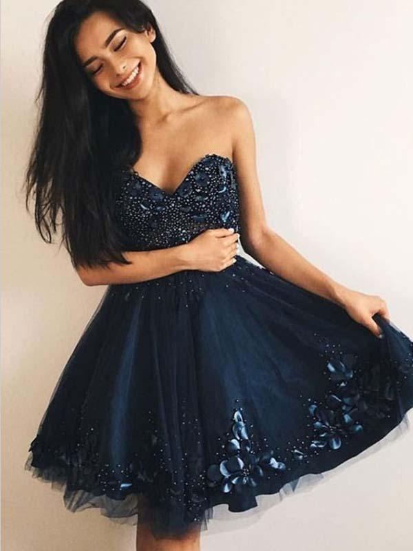 A-Line Heidi Homecoming Dresses Sweetheart Navy Blue Tulle DZ655