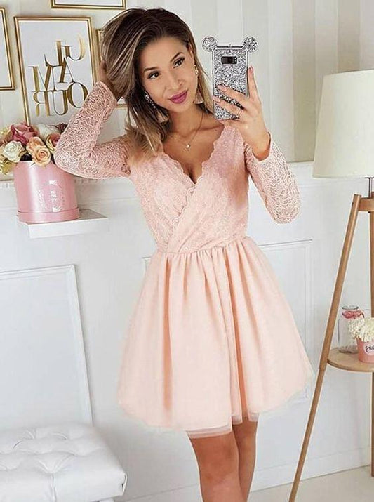 Ball Gown Dresses A-Line V-Neck Long Sleeves Party Dress Homecoming Dresses Naomi Pink Lace With DZ6651