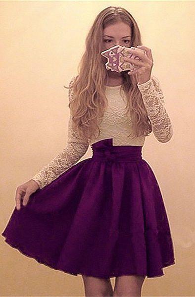 A-Line Round Neck Long Sleeves Janessa Lace Homecoming Dresses Chiffon Purple Short With DZ6667