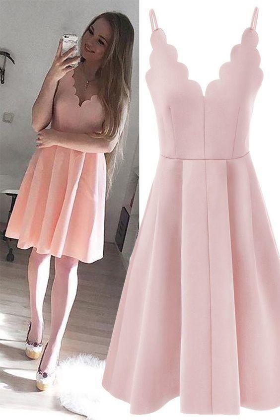 A Line Pink Homecoming Dresses Satin Jocelyn Spaghetti Short Cheap Dress Formal Dress DZ6789
