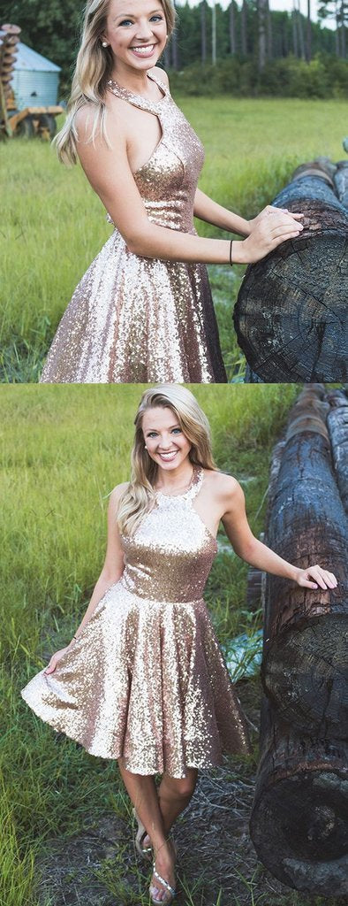 Shiny Gold Maliyah Homecoming Dresses Sequin Halter Simple DZ761