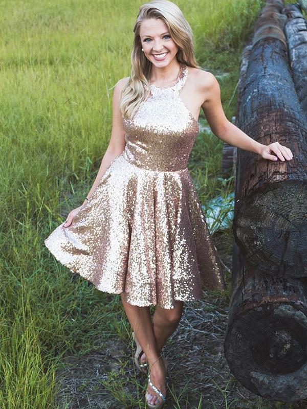 Shiny Gold Maliyah Homecoming Dresses Sequin Halter Simple DZ761