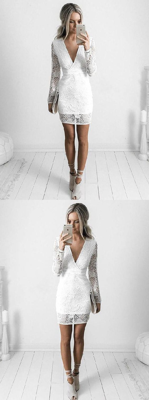White V-Neck Sheath Short White Dress With Homecoming Dresses Lace Danika Cocktail Long Sleeves DZ784