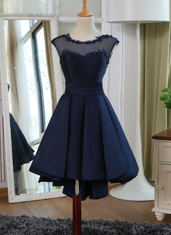 Navy Blue High Low Satin Milagros Homecoming Dresses DZ8103