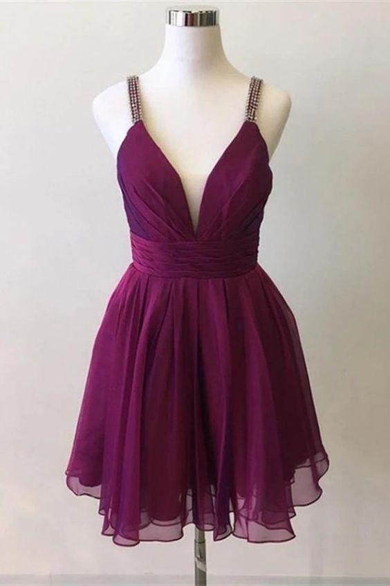 Cute Deep Chiffon Gwendolyn Homecoming Dresses V Neck Purple Beads Formal Dresses DZ8299