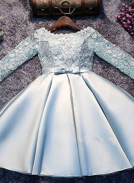 Light Blue And Long Sleeves Party Dress Cute Short Lailah Lace Satin Homecoming Dresses Graduation DZ8766