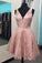 Pretty V-Neck Homecoming Dresses Sherlyn Satin Pink Lace V-Neck Short DZ8797