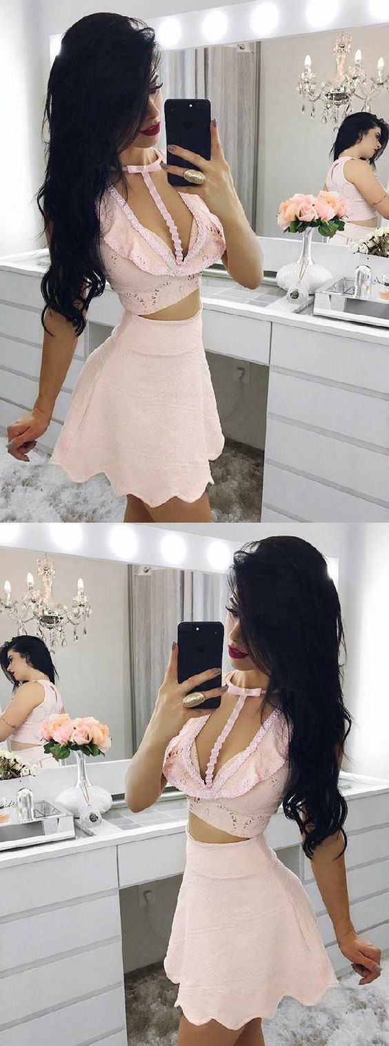 Engrossing Two Piece Homecoming Dresses Willa Pink Lace DZ885