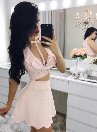 Engrossing Two Piece Homecoming Dresses Willa Pink Lace DZ885