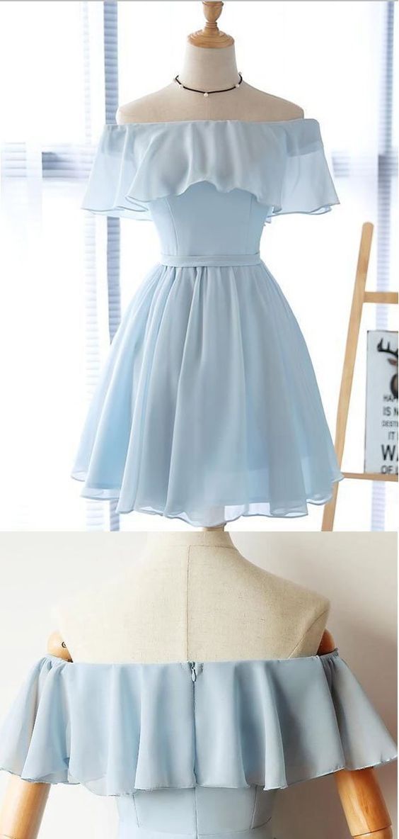 Simple Off The Shoulder A Line Chiffon Homecoming Dresses Thirza Light Blue Short DZ9058