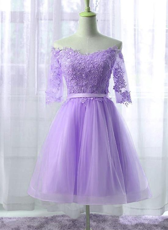Beautiful Light Purple Tulle Short Sleeves Party Dresses 2024 Knee Length Patti Homecoming Dresses DZ9067