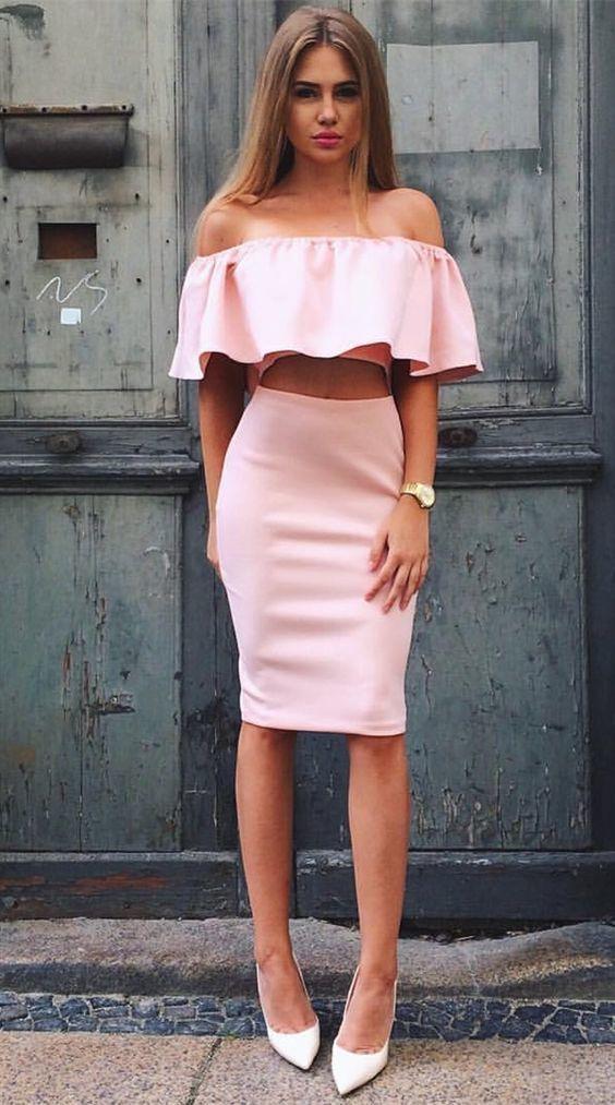 Two Piece Off-The-Shoulder Knee-Length With Ruffles Dulce Homecoming Dresses Pink DZ916