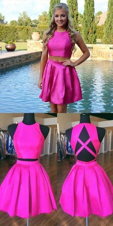 Two Piece A-Line Satin Avah Homecoming Dresses Jewel Open Back Short With Pleats DZ9342