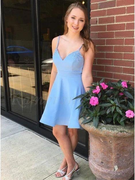 A-Line Spaghetti Straps Above-Knee Light Blue Sal Homecoming Dresses With Beading DZ9618