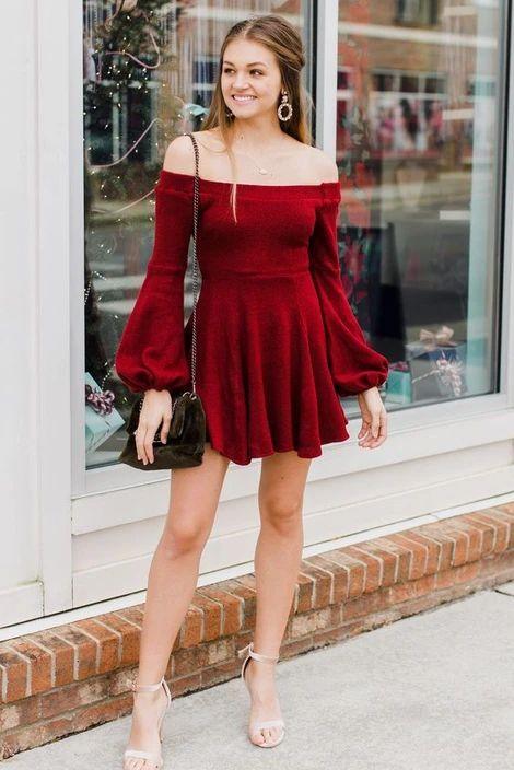 A-Line Off-The-Shoulder Long Judy Homecoming Dresses Sleeves Short Dark Red Velvet DZ9623
