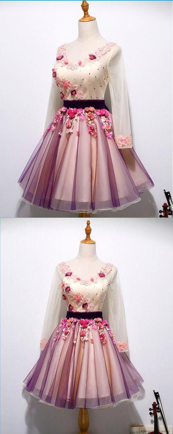 Cute Spring Tulle V Lace Nora Homecoming Dresses Neck Short Applique Party Dress With Sleeves DZ9646