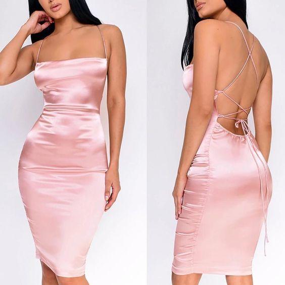 Pretty Sexy Open Back Strap Homecoming Dresses Gladys Satin Pink Silk Mid-Length DZ9815