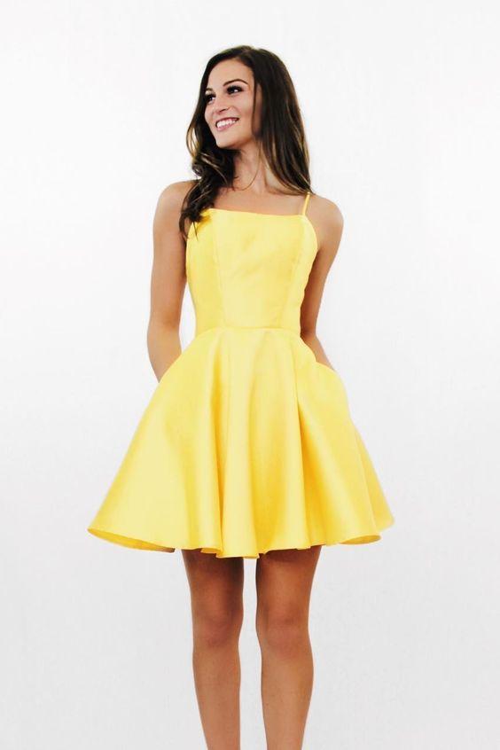 Short Yellow Homecoming Dresses Roselyn Dresses With Pockets DZ992