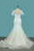 2024 Short Sleeve Wedding Dresses Tulle Mermaid With Applique And Sash Sweep Train