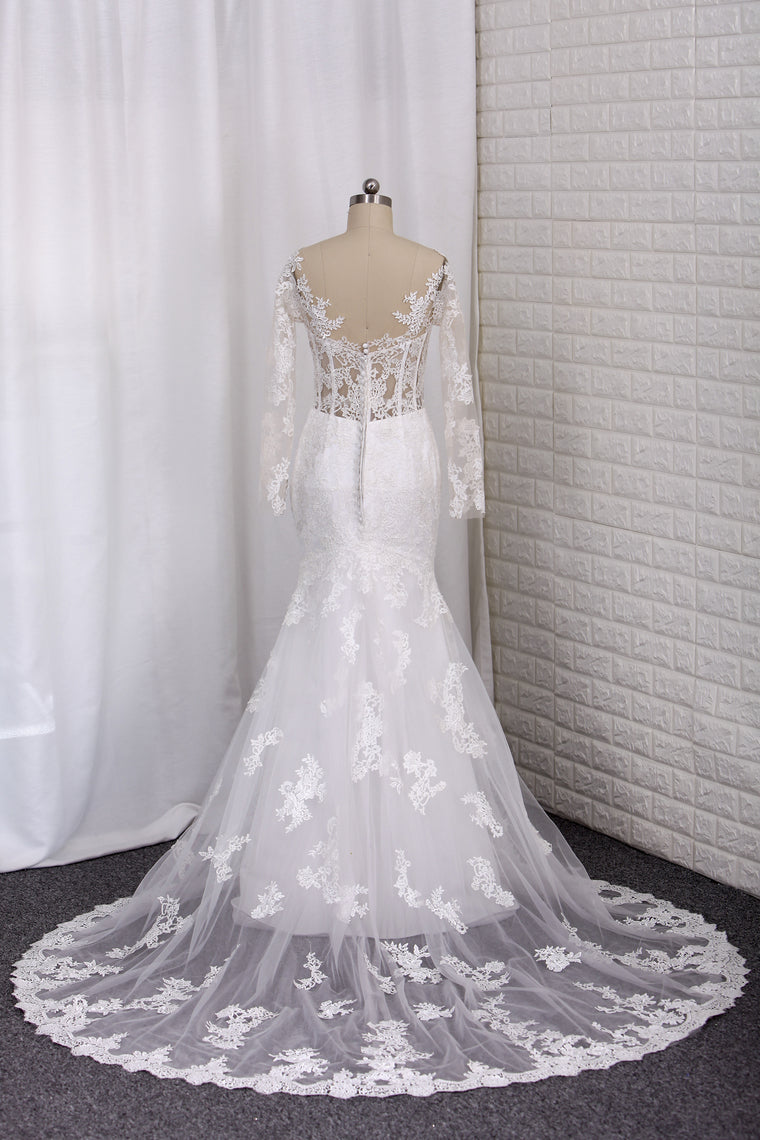 2024 New Arrival Wedding Dresses Tulle Scoop Long Sleeves With Applique Mermaid