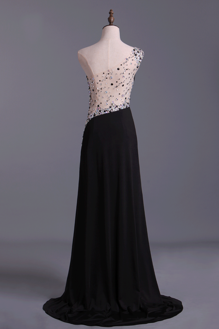 2022 Prom Dresses A Line One Shoulder With Slit And Beading Sweep Train