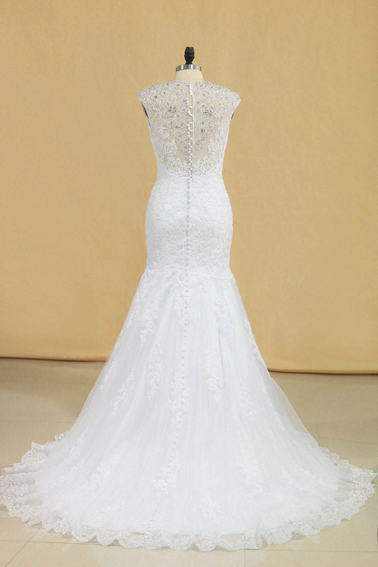 2024 Plus Size Mermaid Wedding Dresses V Neck With Beads And Applique Court Train Tulle