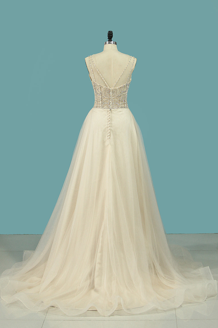 2024 A Line Spaghetti Straps Wedding Dresses Beaded Bodice Tulle Court Train