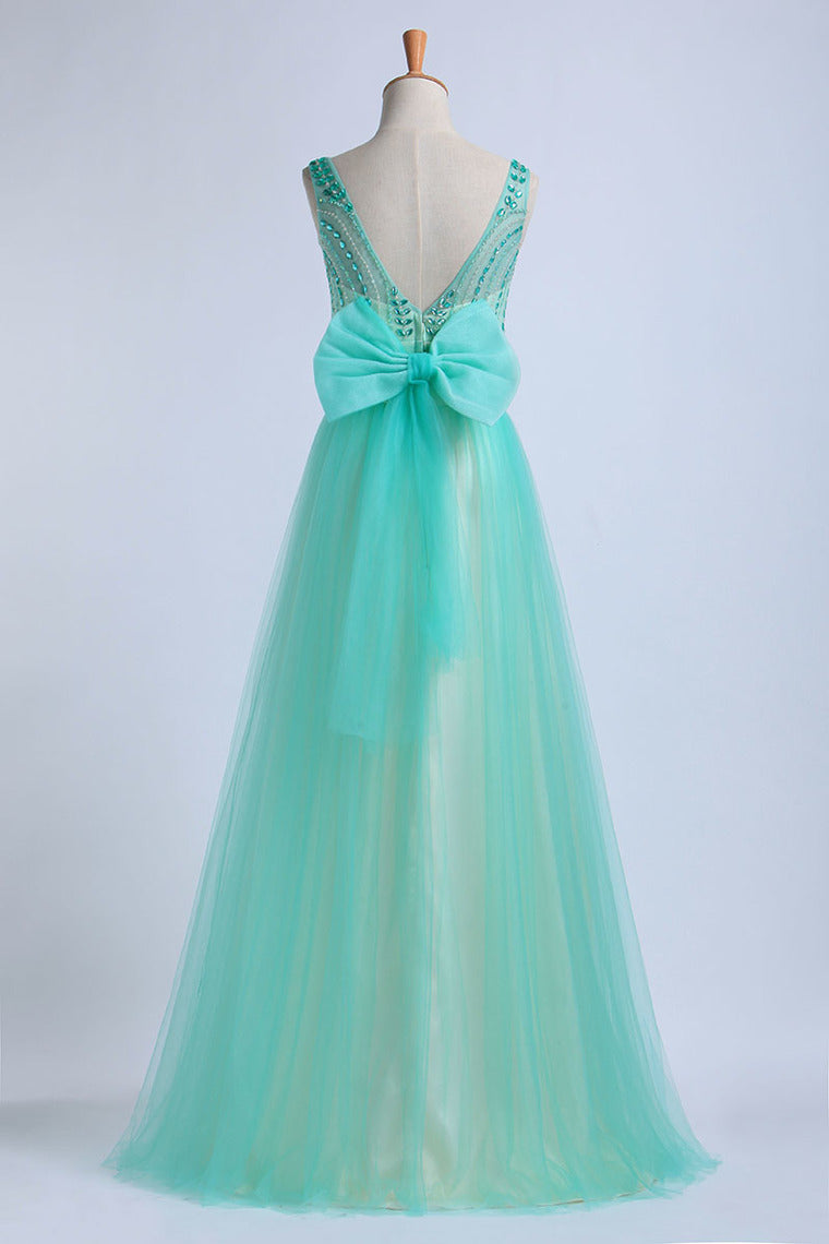 2022 Prom Dresses Scoop Floor Length Tulle With Beadings
