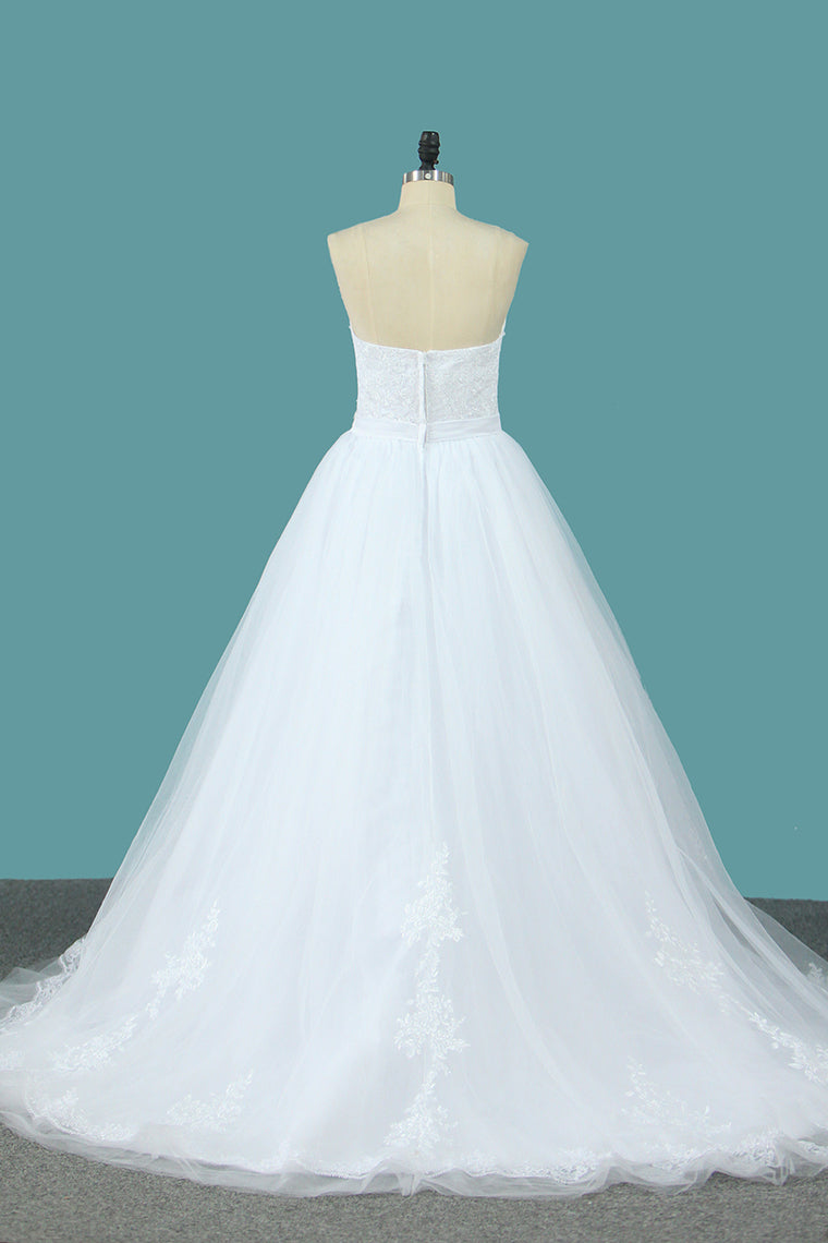 2024 Tulle A Line Sweetheart Wedding Dress With Applique And Sash