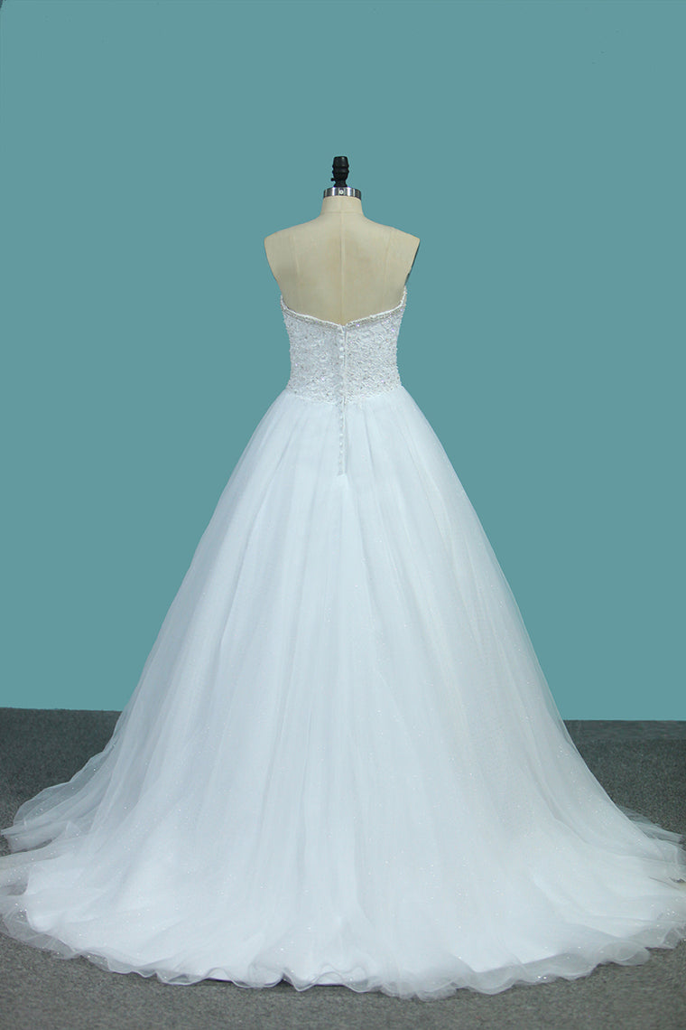 2024 Sweetheart A Line Tulle Wedding Dresses Beaded Bodice Court Train