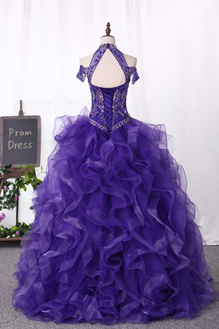 2024 High Neck Beaded Bodice Ball Gown Tulle Sweep Train Quinceanera Dresses