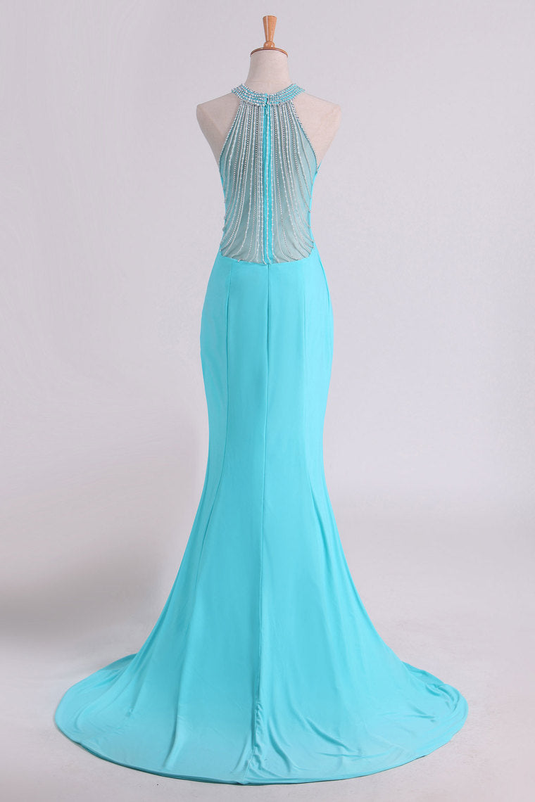 2024 Hot Prom Dresses Scoop Mermaid Spandex With Beading Sweep Train