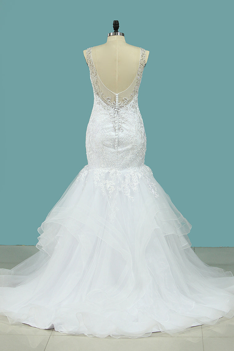 2024 Tulle Mermaid Wedding Dresses Straps Beaded Neckline Court Train