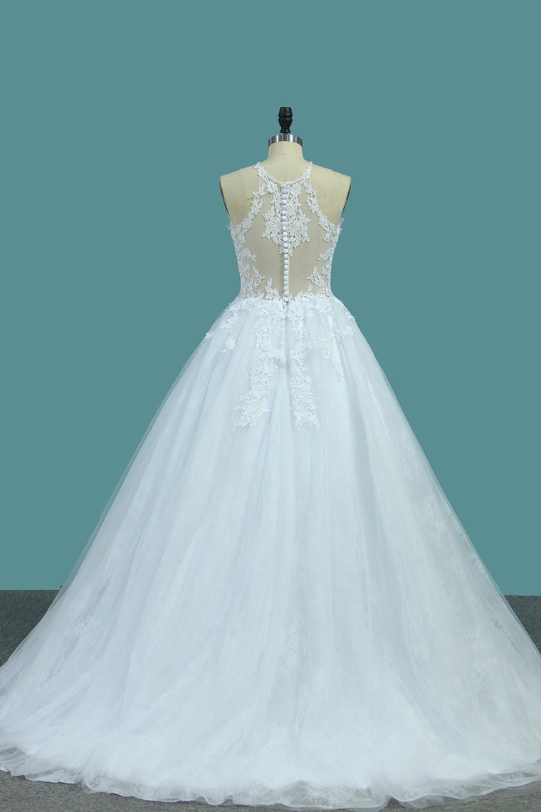 2024 Tulle & Lace Wedding Dresses Scoop A Line With Applique Sweep Train