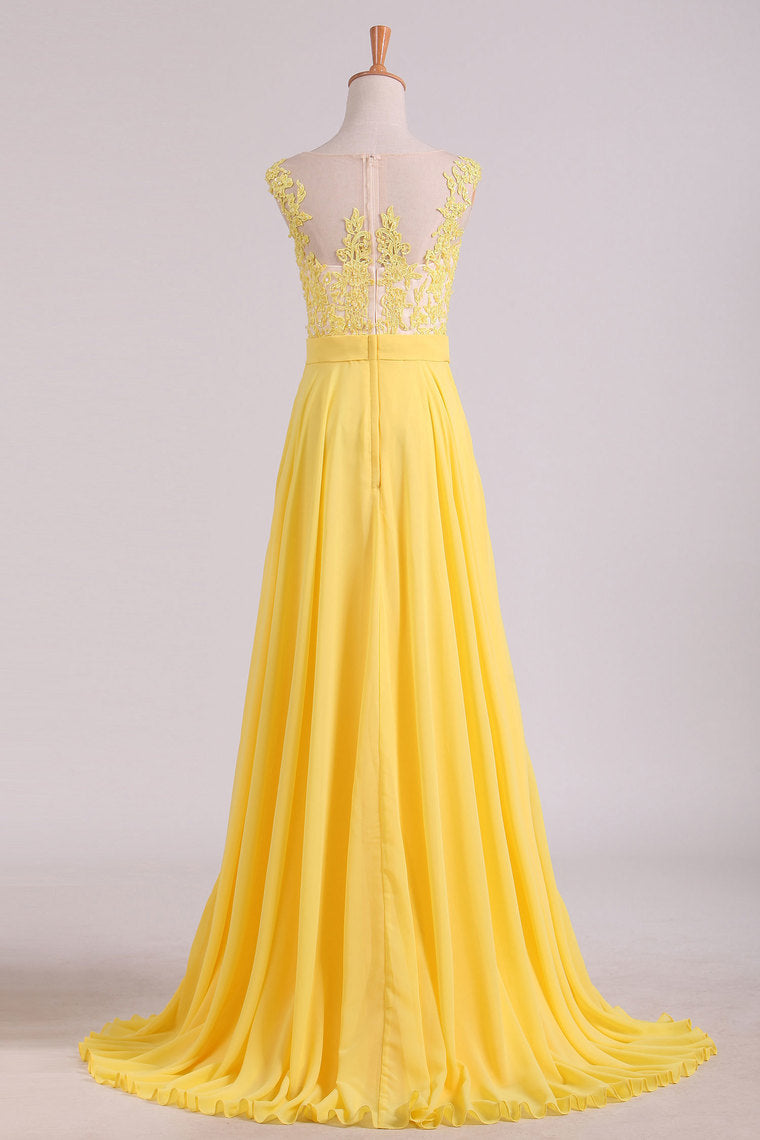 2024 A Line Scoop Cap Sleeves With Applique Prom Dresses Chiffon Floor Length