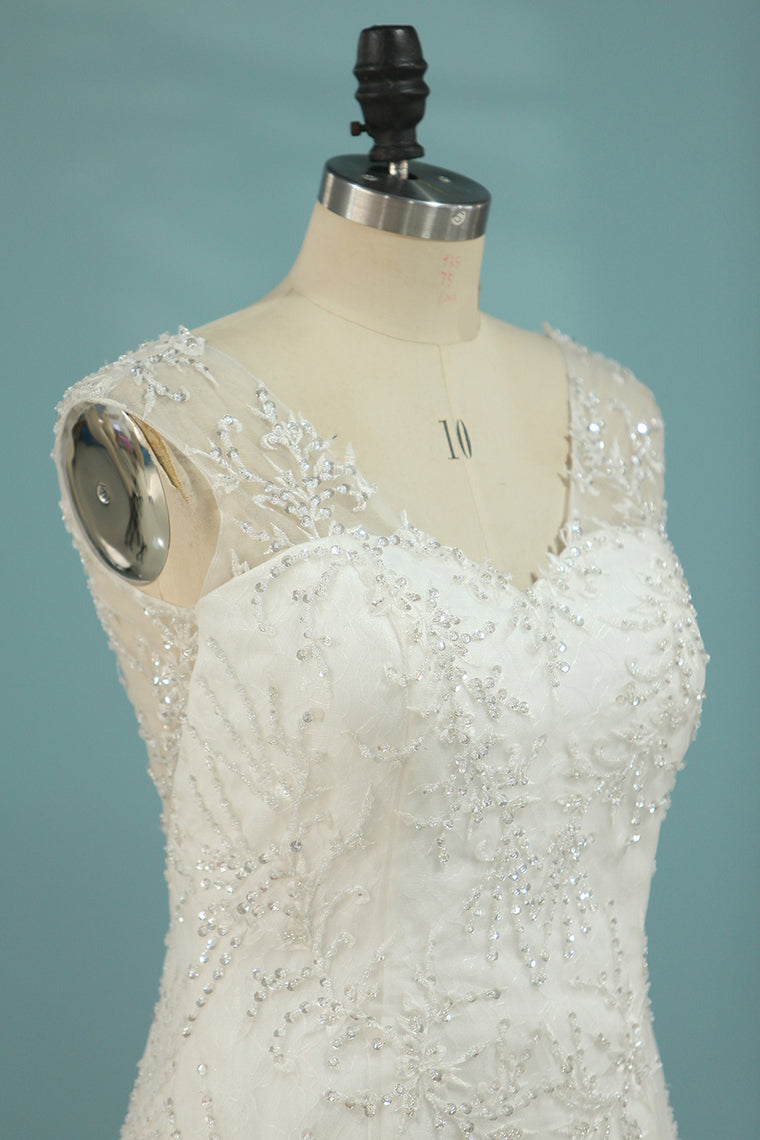 2024 Mermaid/Trumpet Wedding Dresses V-Neck Chapel Train Tulle With Applique Sleeveless