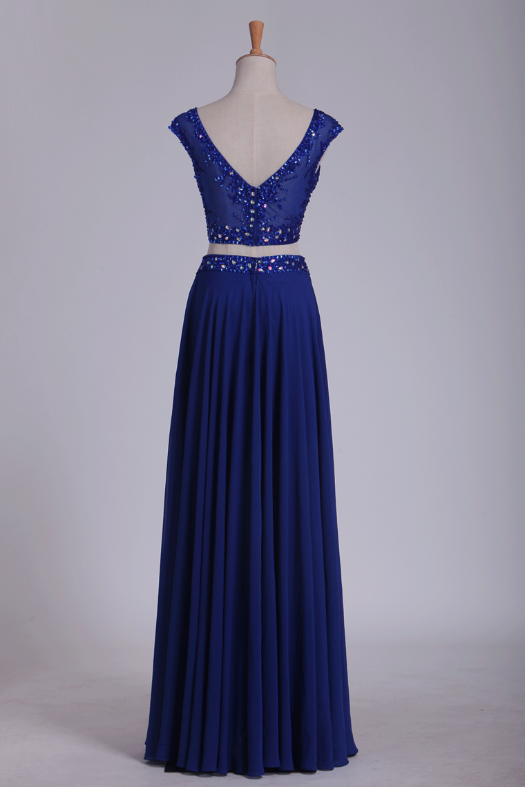 2022 Two Pieces Scoop With Beading Prom Dresses A Line Floor Length Dark Royal Blue