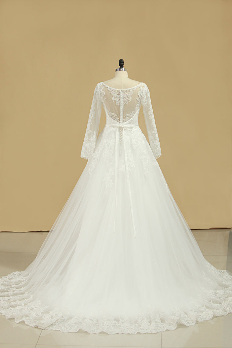 2024 A Line Long Sleeves Wedding Dresses Tulle With Applique And Sash Sweep Train